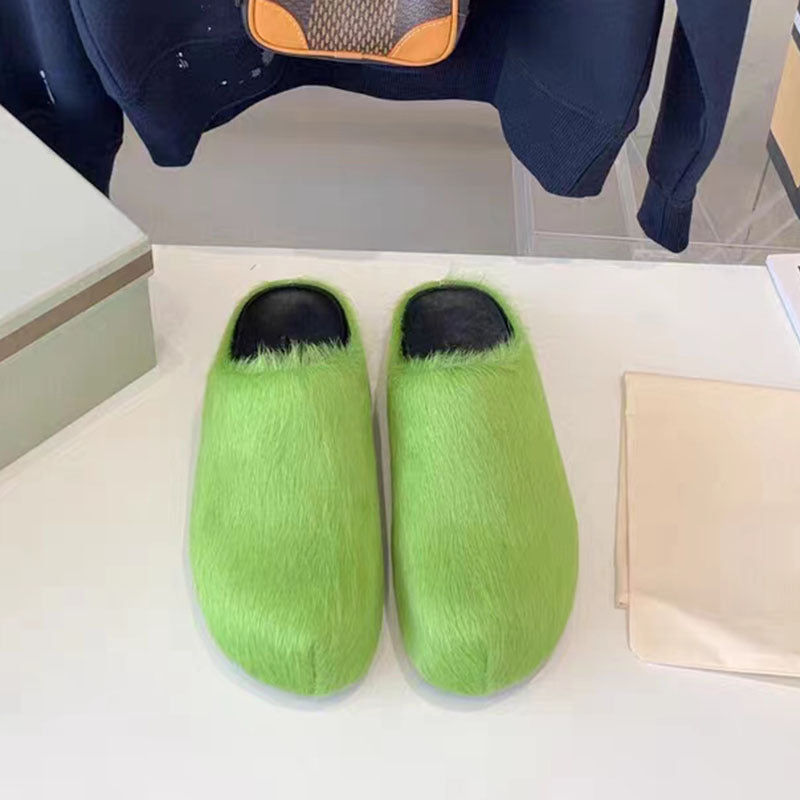 Women's Genuine Leather Horsehair Platform Slippers