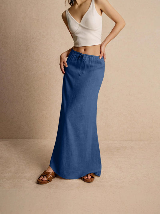 Women's solid-color drawstring elastic waist mid-length skirt