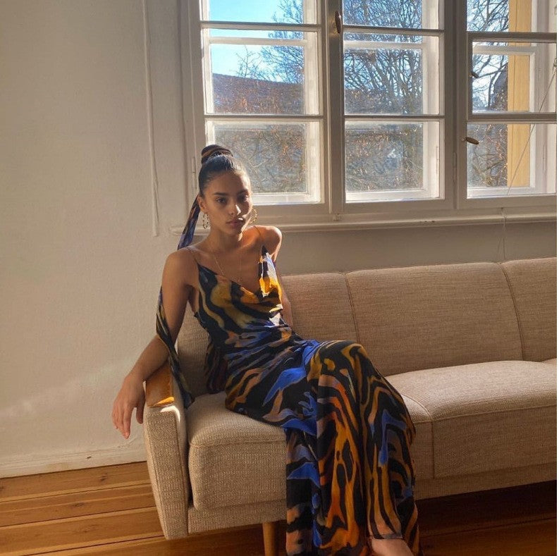 Printed backless halter-neck dress