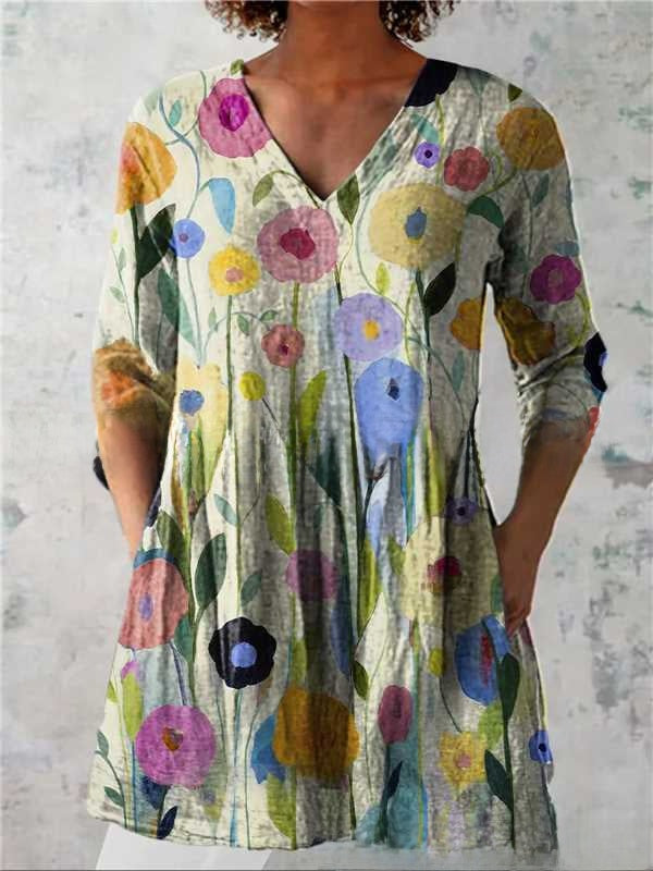 Women's Loose Digital Print V-Neck 3/4 Sleeve Tunic Top