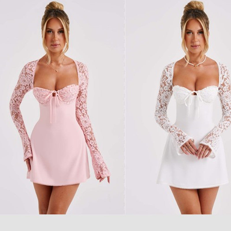 Sexy lace long sleeve dress backless lace-up