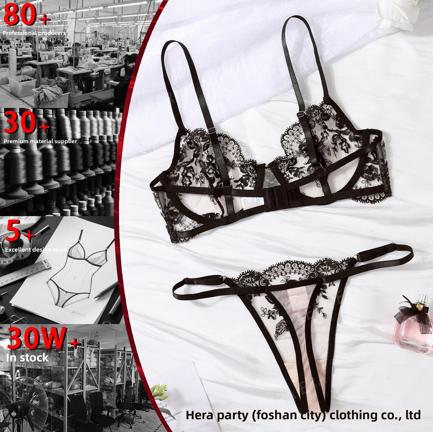 Sexy lingerie see-through mesh embroidered strap set