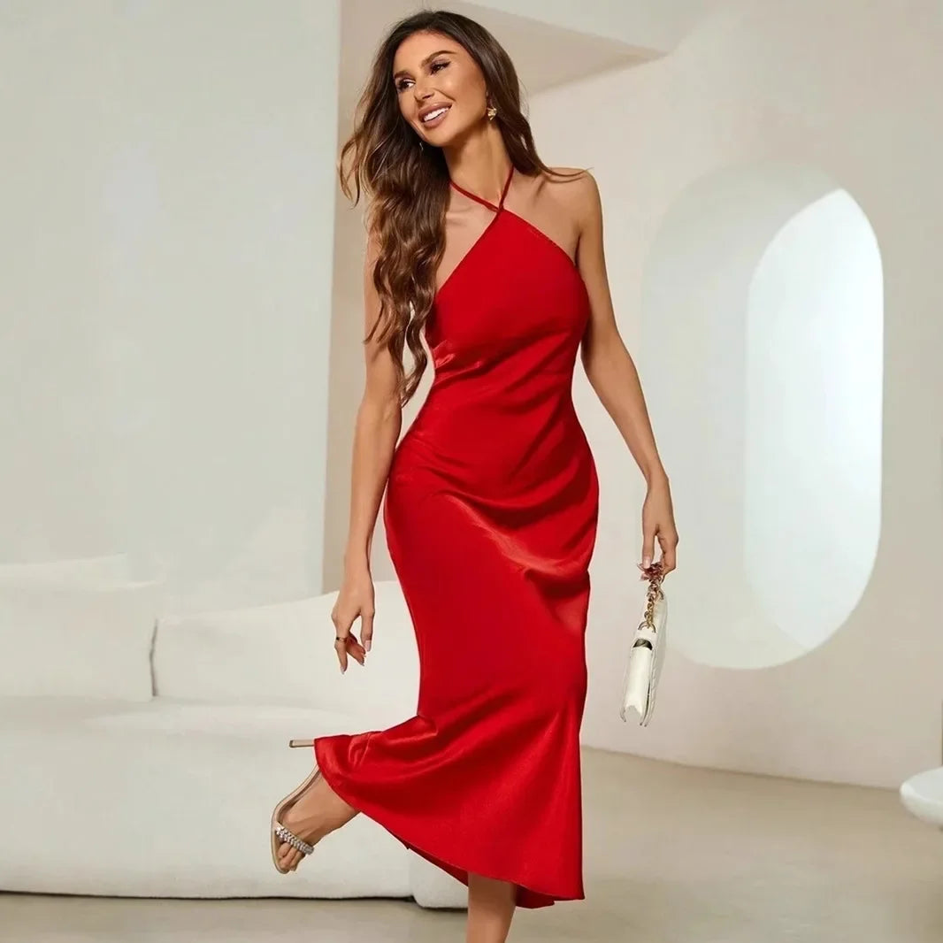 European and American Cross-border Women's Sexy dress Spring and Autumn New Amazon Evening Dress Satin Sling Long Dress