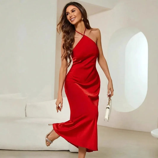 European and American Cross-border Women's Sexy dress Spring and Autumn New Amazon Evening Dress Satin Sling Long Dress