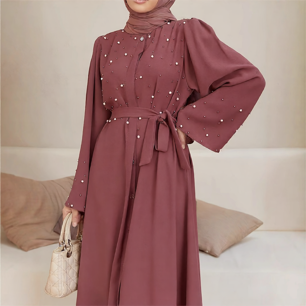 Long-sleeved pearl long dress