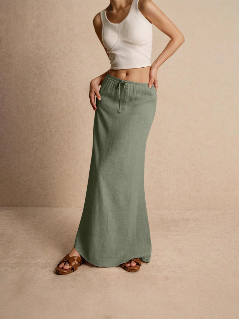 Women's solid-color drawstring elastic waist mid-length skirt
