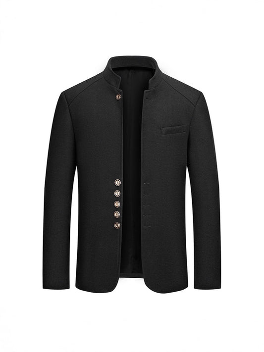 Autumn and winter men's casual slim-fit stand-collar Zhongshan suit wool coat, men's solid color wool overcoat