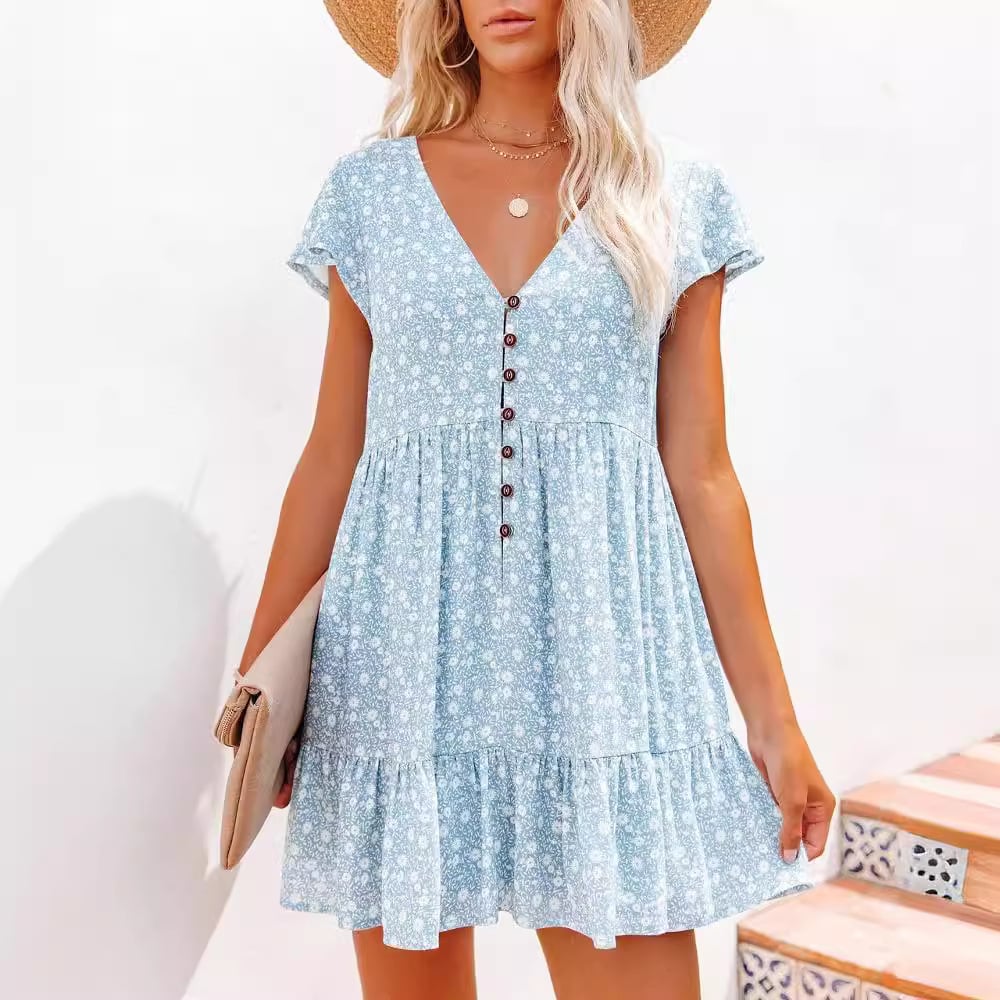 V-neck button small floral short-sleeved dress