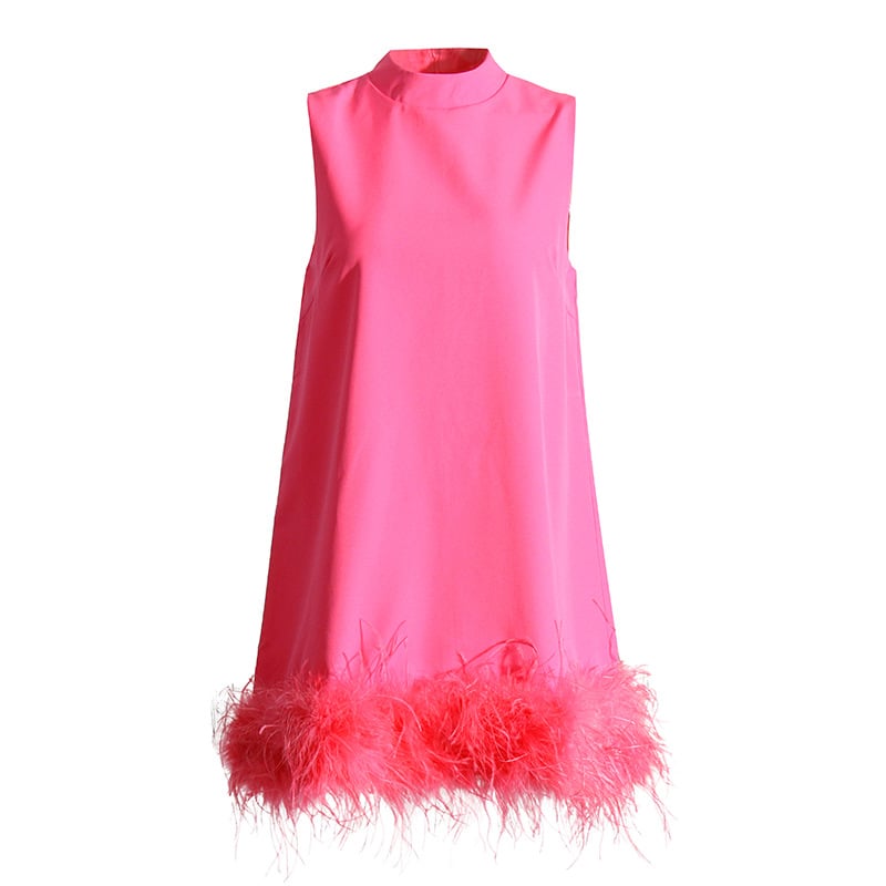 Sleeveless solid-color feather patchwork dress