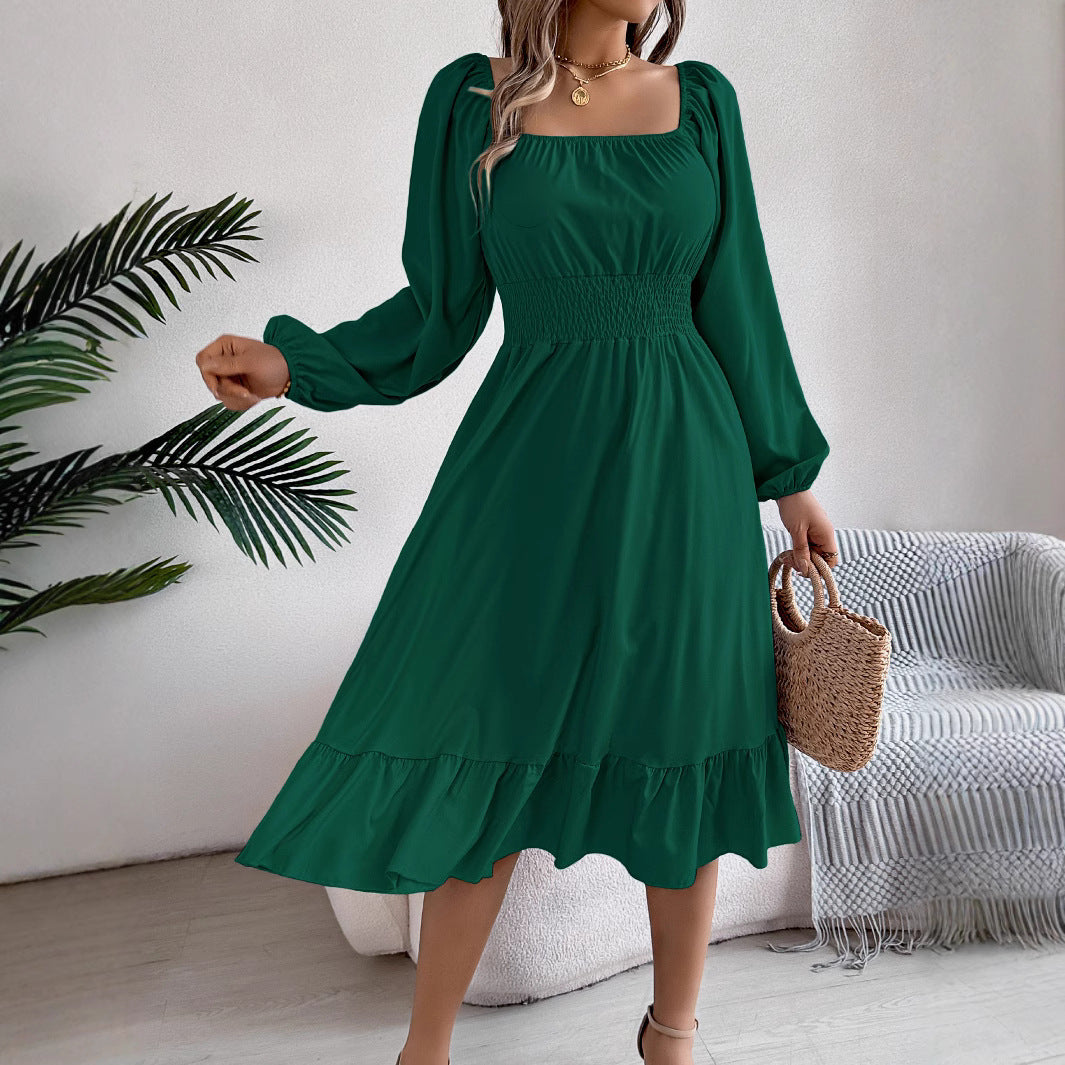 Casual Solid Color Square Neck Long Sleeve A-Line Dress