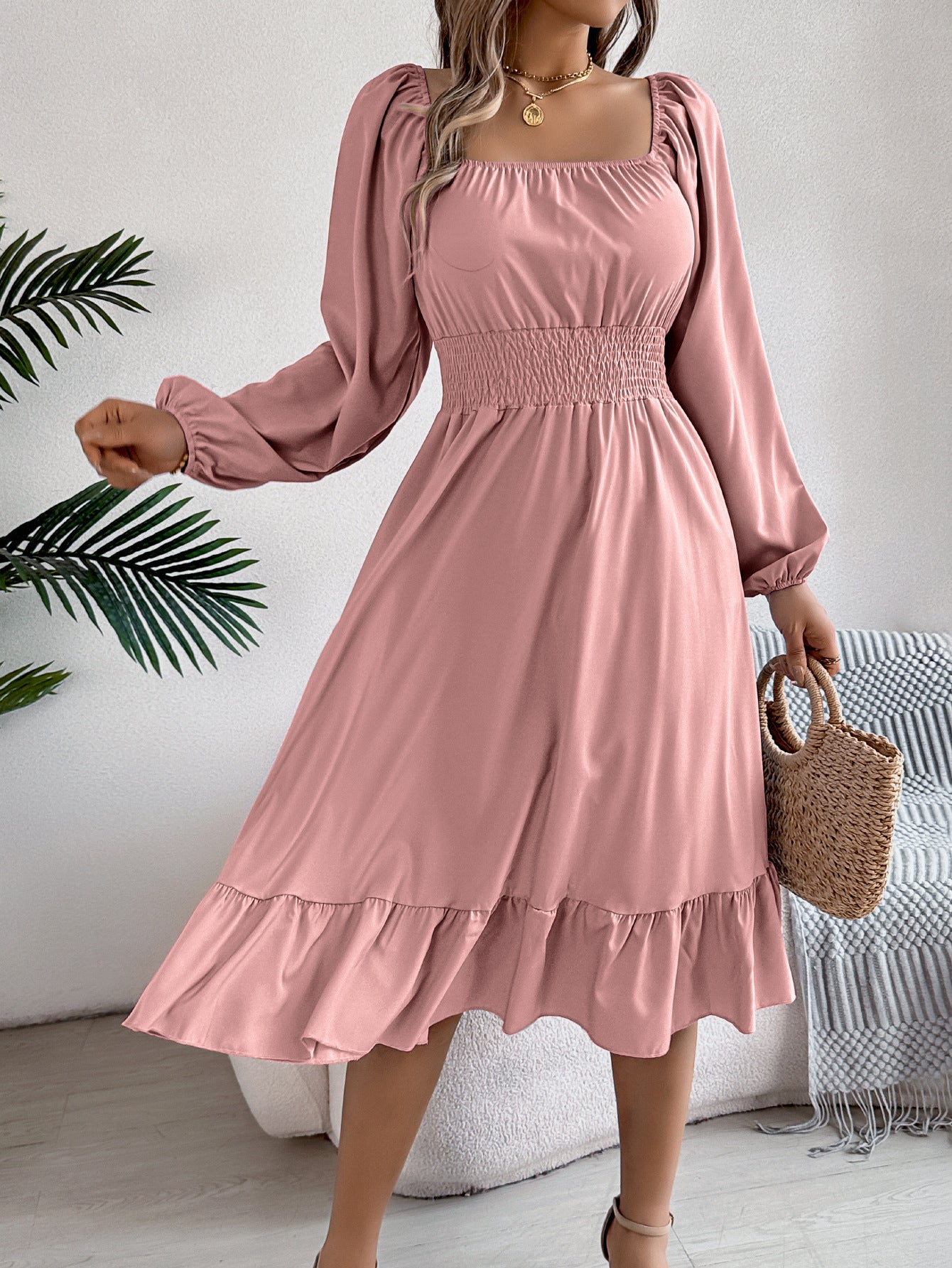 Casual Solid Color Square Neck Long Sleeve A-Line Dress