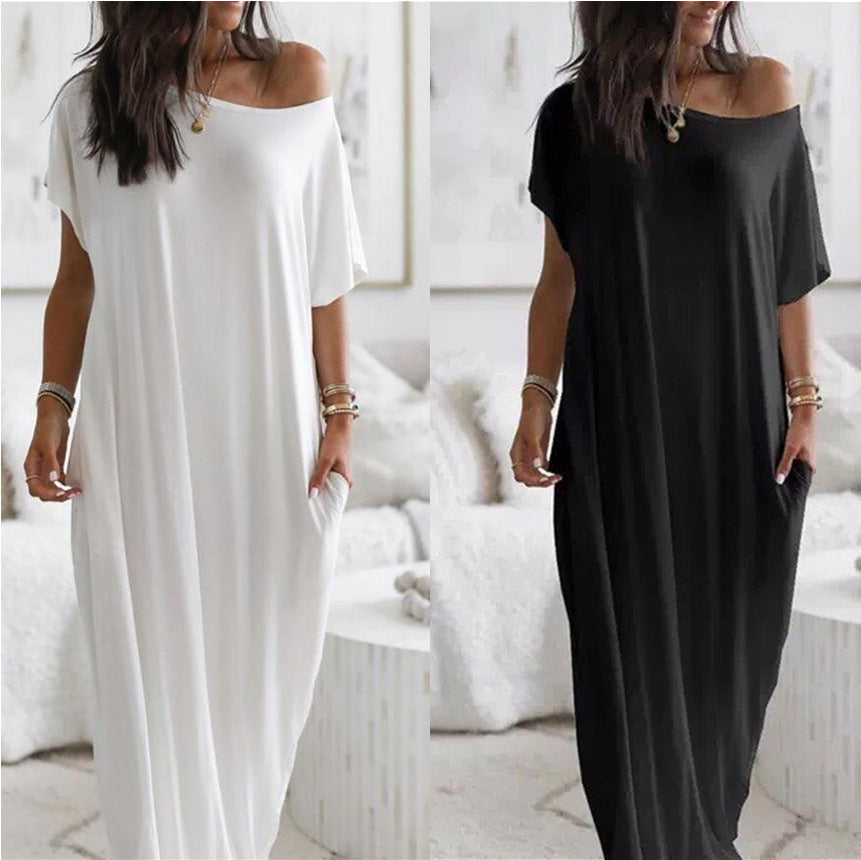 Women's Solid Color Long Casual Dress with Bat Sleeves