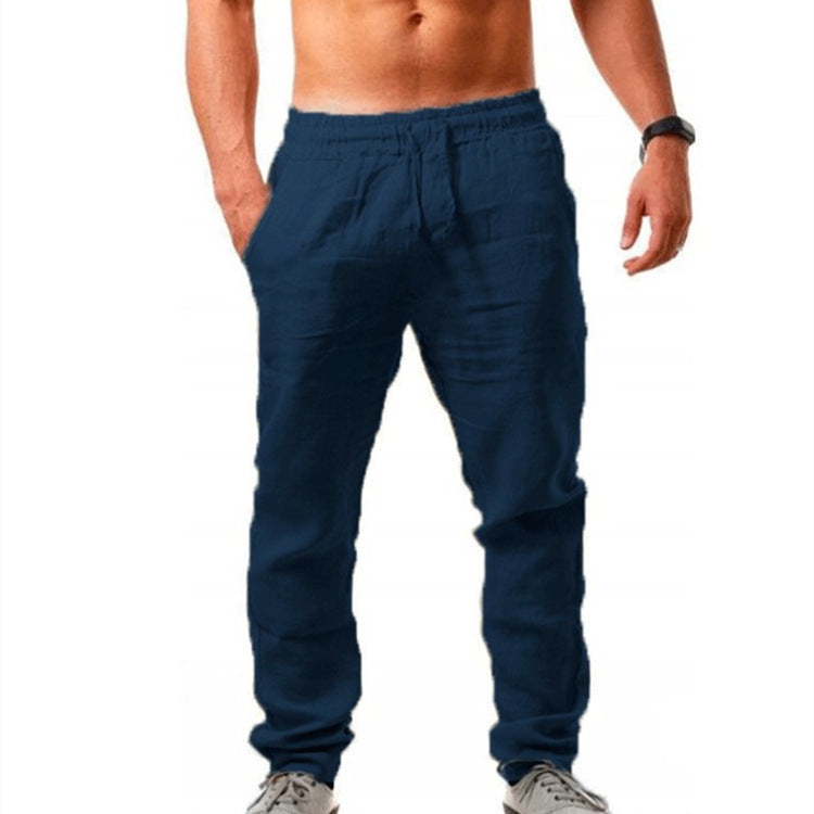 Mens Breathable Cotton Linen Casual Trousers