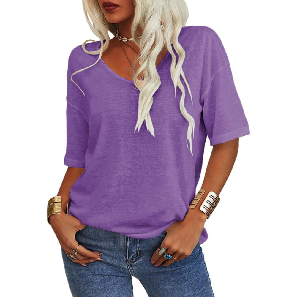 Women's T-shirt, V-neck, half-sleeved, loose shirt