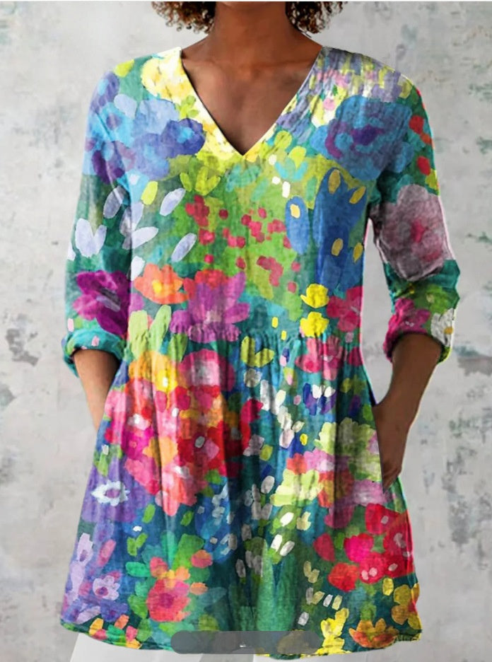 Womens Loose Digital Print V-Neck Short Sleeve T-Shirt