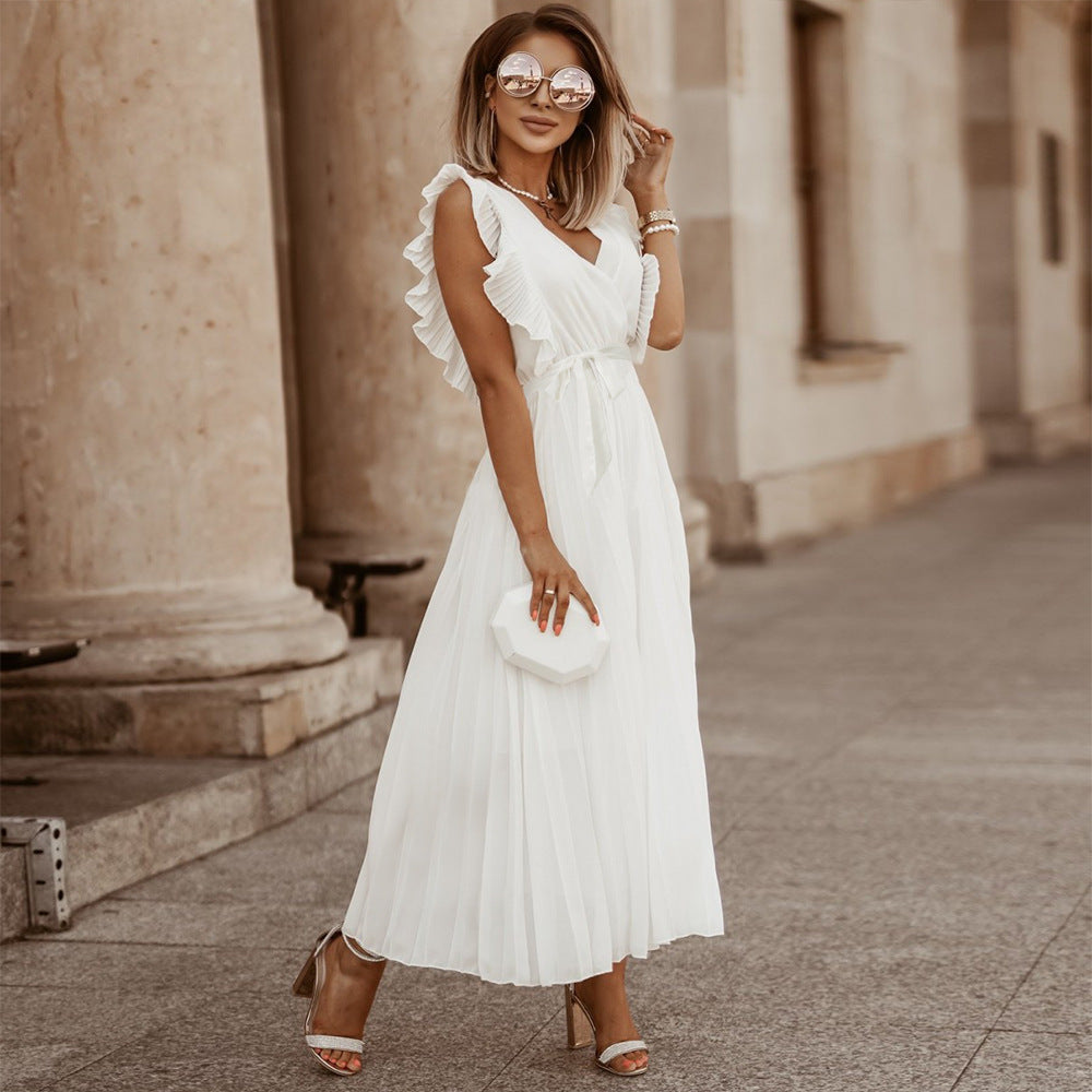 Elegant Beach Long Dress Fashion Slim Fit Sexy Lotus Sleeve Chiffon Pleated Dress Solid Color Dress