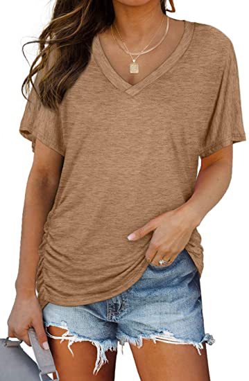Solid-color batwing V-neck short-sleeved shirt