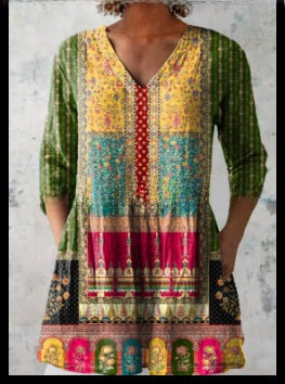 Women's Loose Digital Print V-Neck 3/4 Sleeve Tunic Top