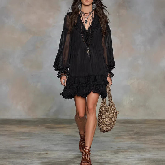 Spring New V-Neck Waist-Cinching Ruffle Elegant Dress