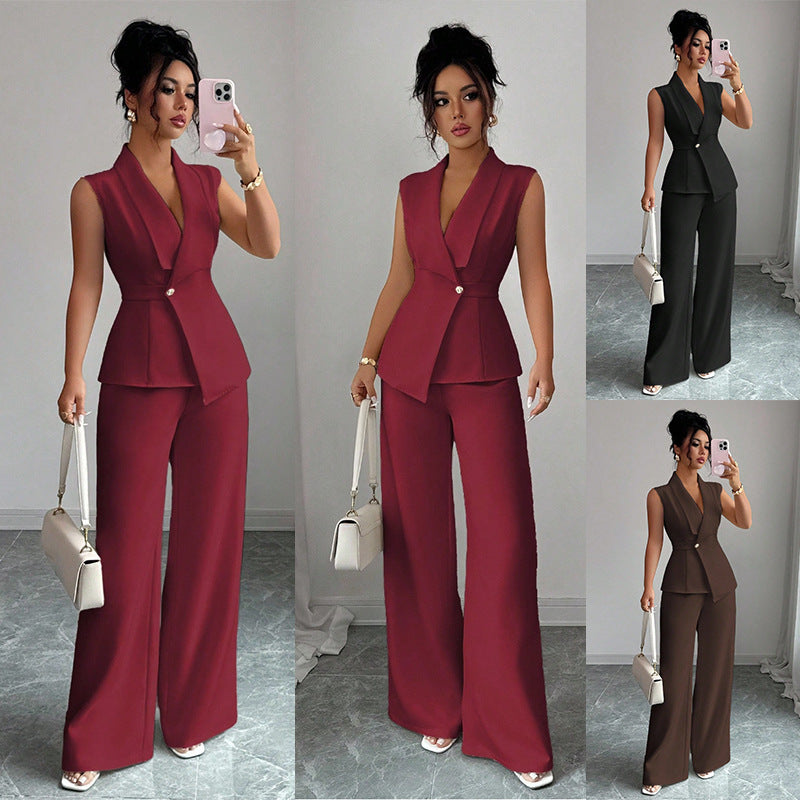 Women Sleeveless Suit and Straight Pants Two Piece Set