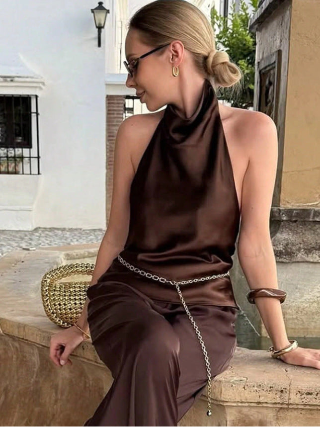 Sleeveless Satin Halter Top
