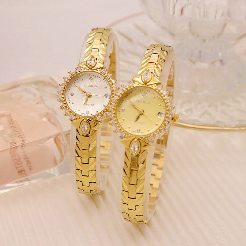 Diamond-encrusted relief bracelet, elegant quartz small gold watch