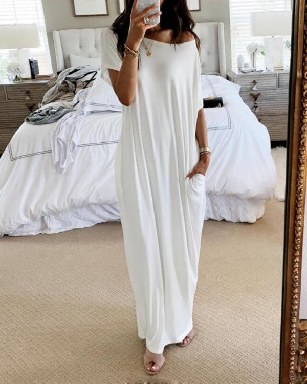 Women's Solid Color Long Casual Dress with Bat Sleeves