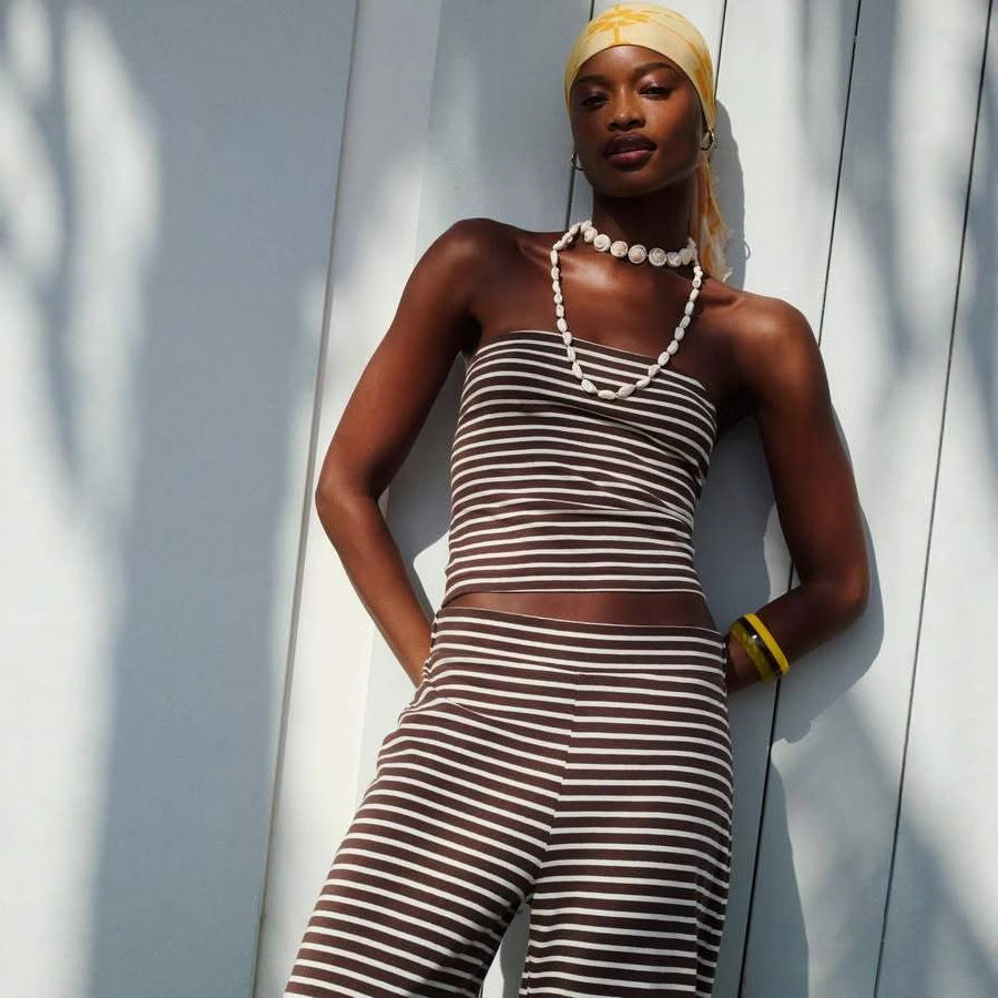 Striped strapless top and trousers two-piece set