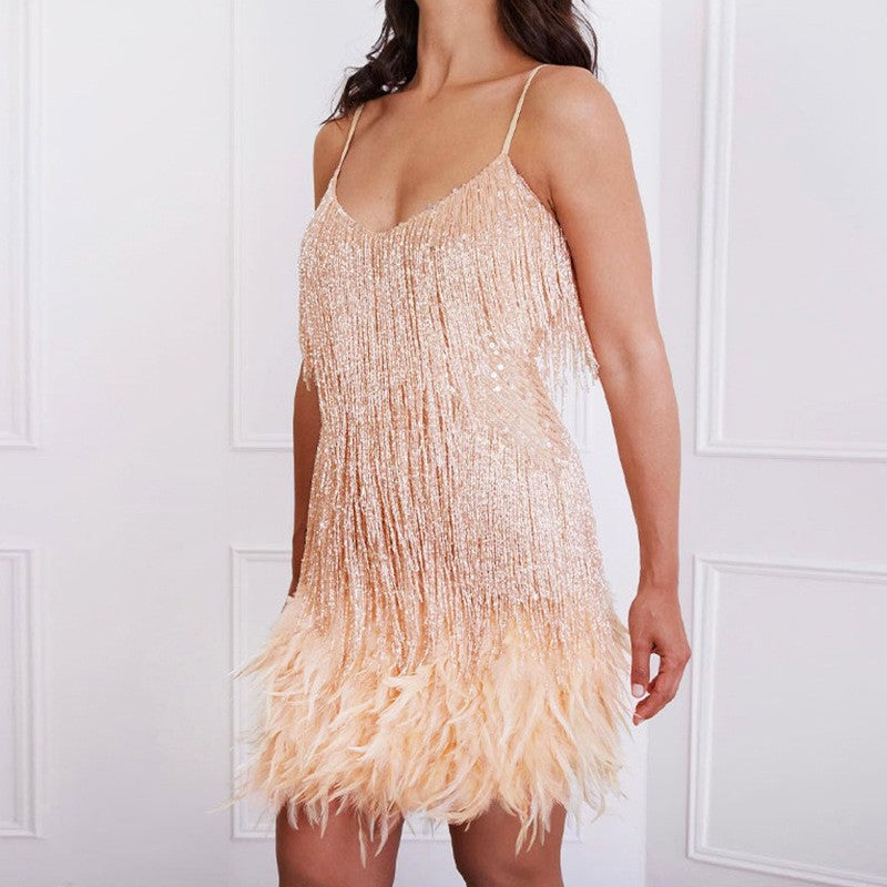 V-neck tassel sequined dress