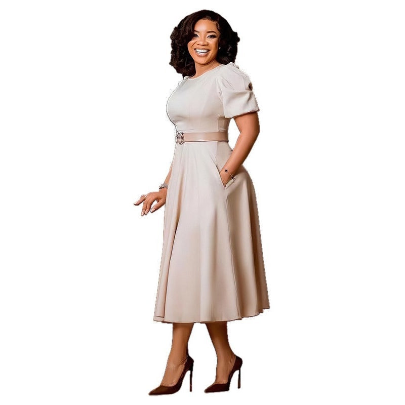 Puff Sleeve A-Line Dress with Matching Belt