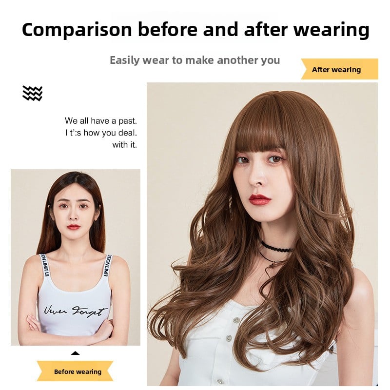 Wig Women's Long Hair Full Head Cover Large Wave Long Curly Hair Cyber Celebrity Cartoon Bangs Face Realistic Natural Wig Cover