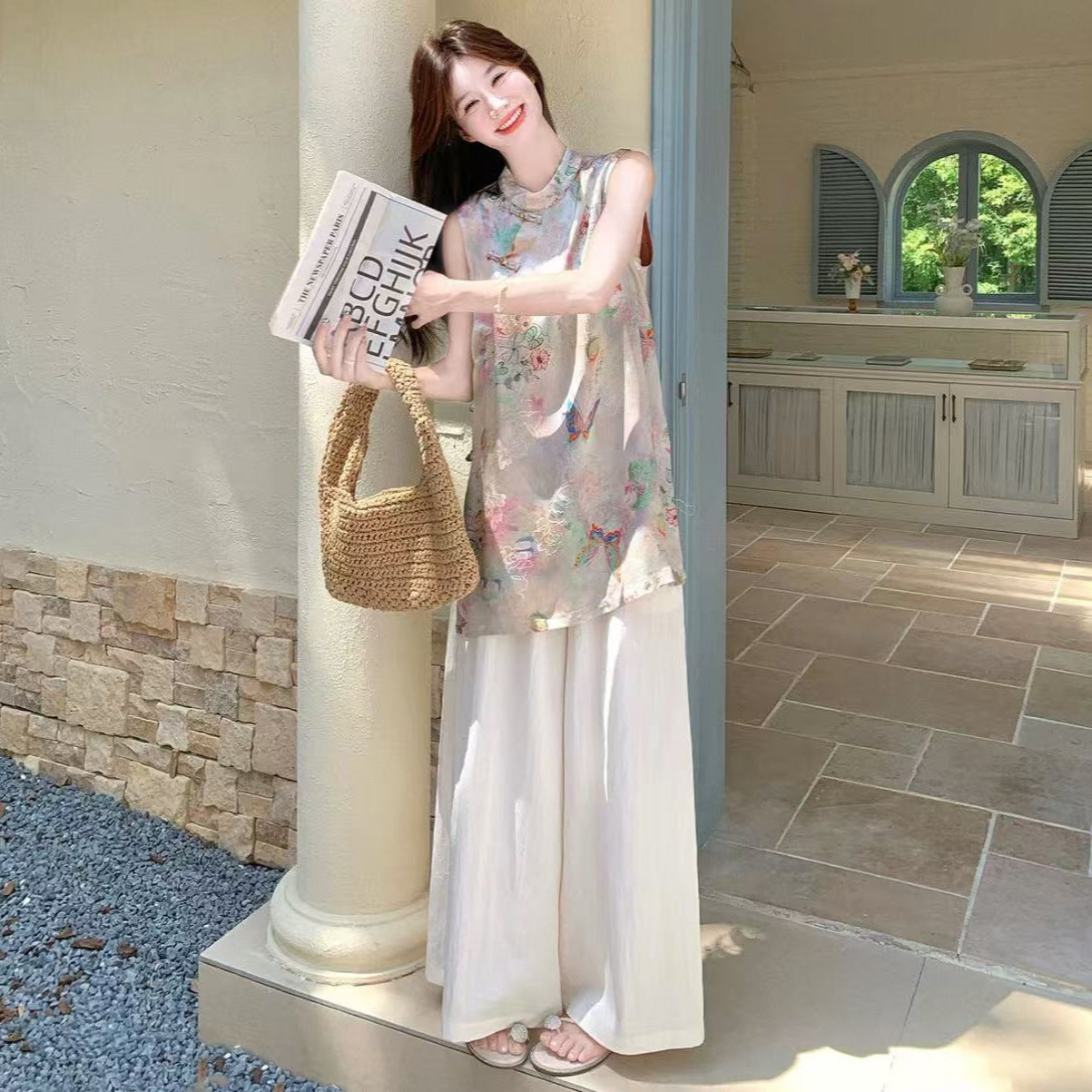 Sleeveless jacquard mid-length cheongsam