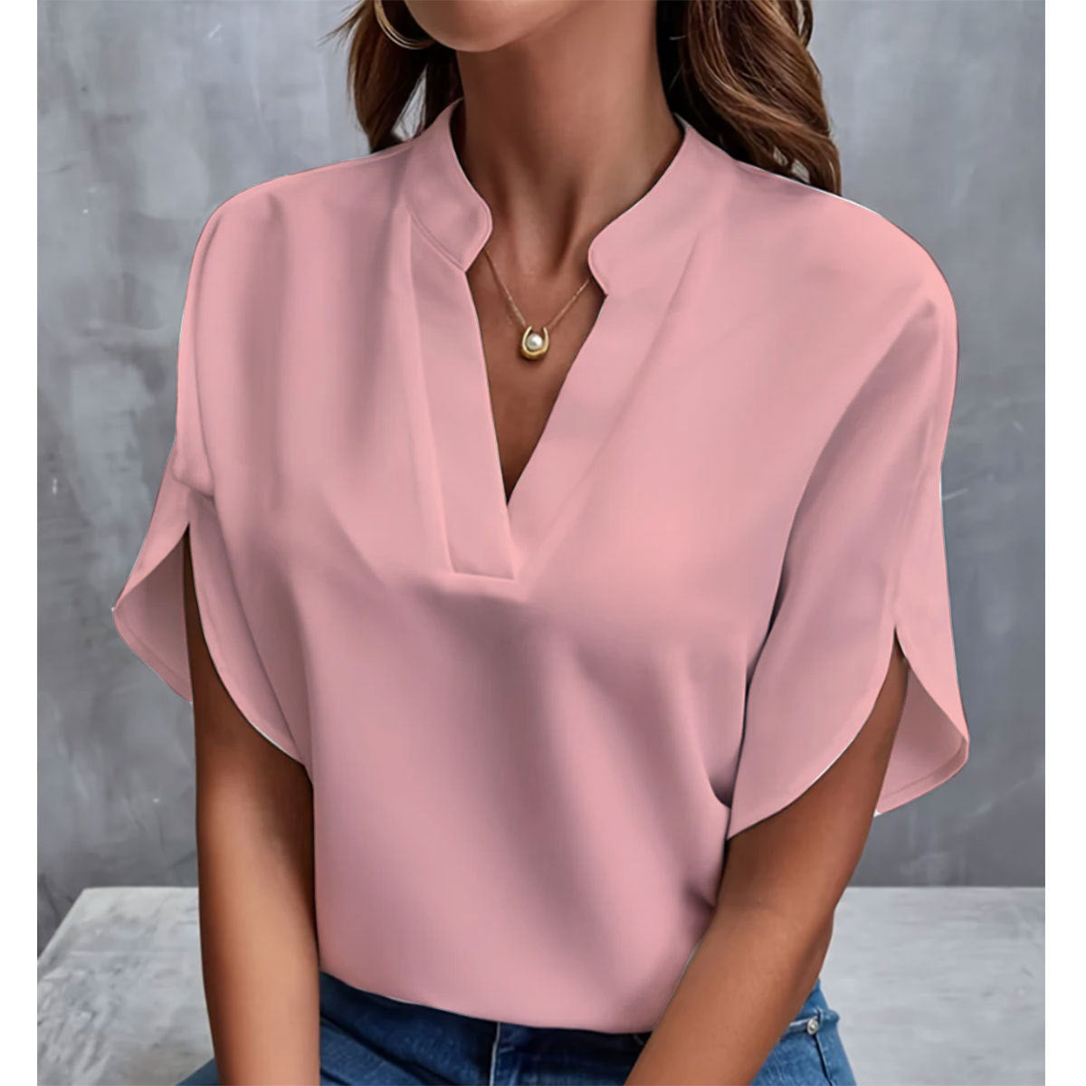 Womens Casual Solid Color V-Neck Loose Short Sleeve Blouse