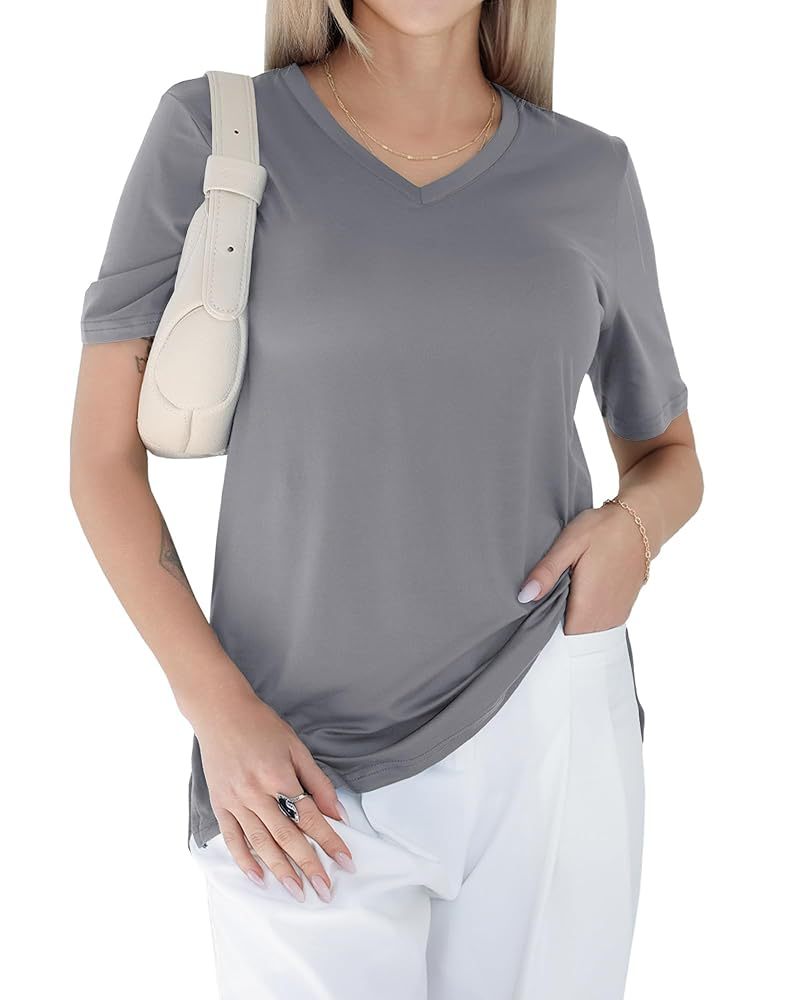 V-neck loose, straight-shoulder short-sleeved T-shirt