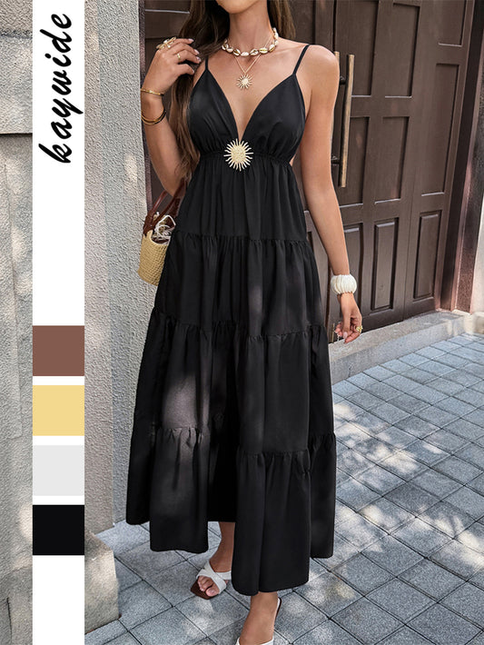 Womens Elegant Spaghetti Strap A-Line Long Dress