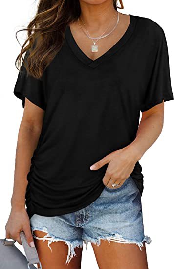 Solid-color batwing V-neck short-sleeved shirt