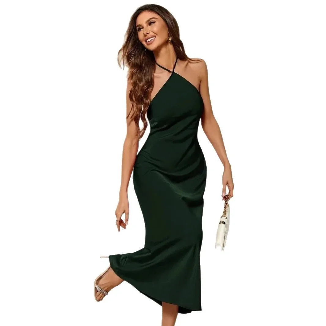 European and American Cross-border Women's Sexy dress Spring and Autumn New Amazon Evening Dress Satin Sling Long Dress