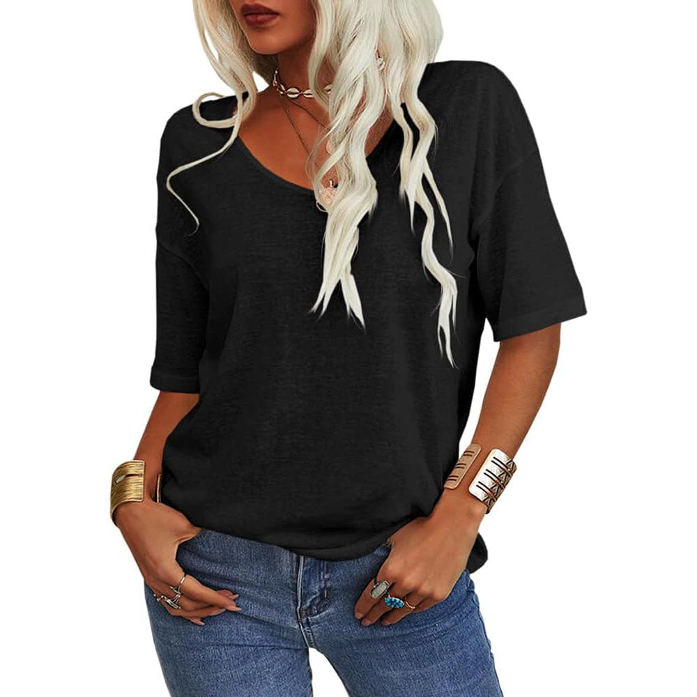 Women's T-shirt, V-neck, half-sleeved, loose shirt