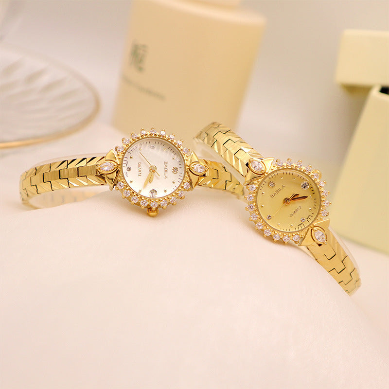 Diamond-encrusted relief bracelet, elegant quartz small gold watch