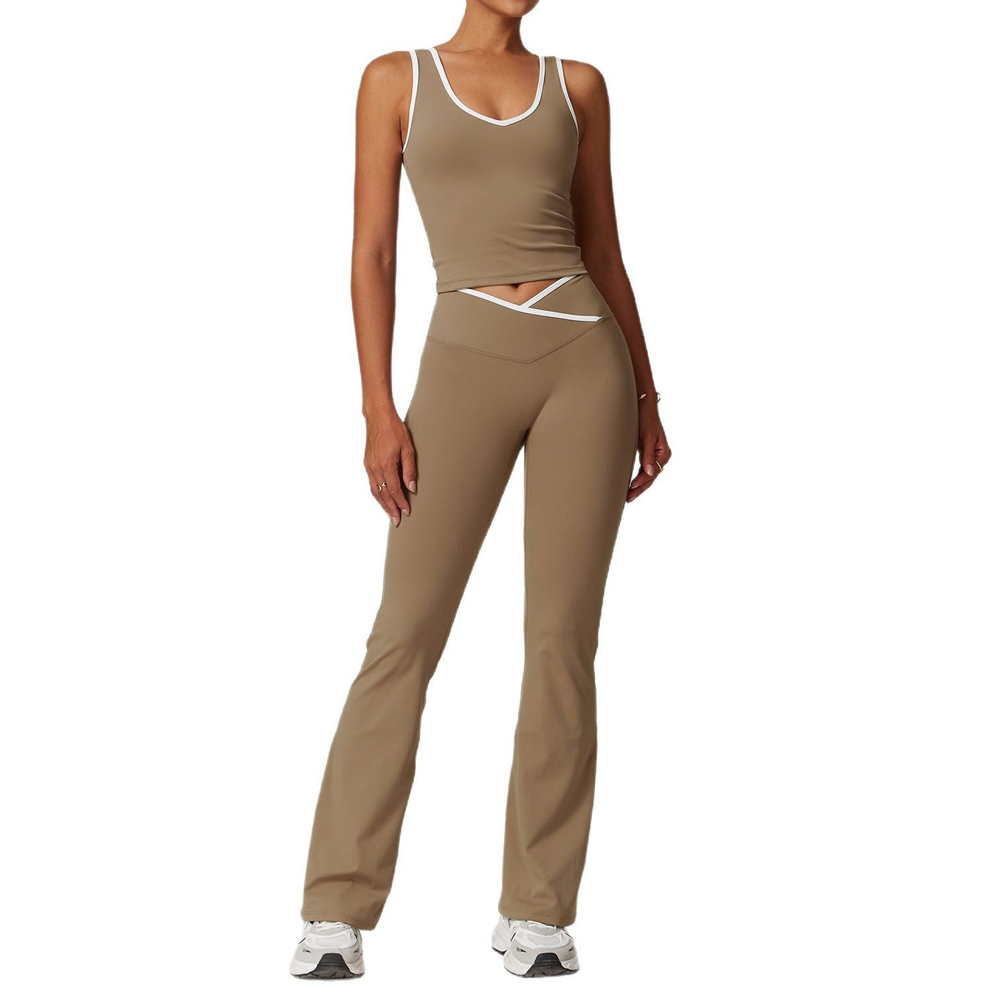 Contrast Color Sexy Tight Fitness Clothes suit V-Neck Sports Vest Quick-drying High Waist Cross Hip Lifting Yoga Flared Pants
