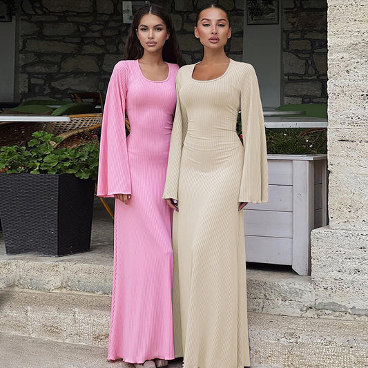 Loose U-Neck Back Tie Detail Long Sleeve Dress
