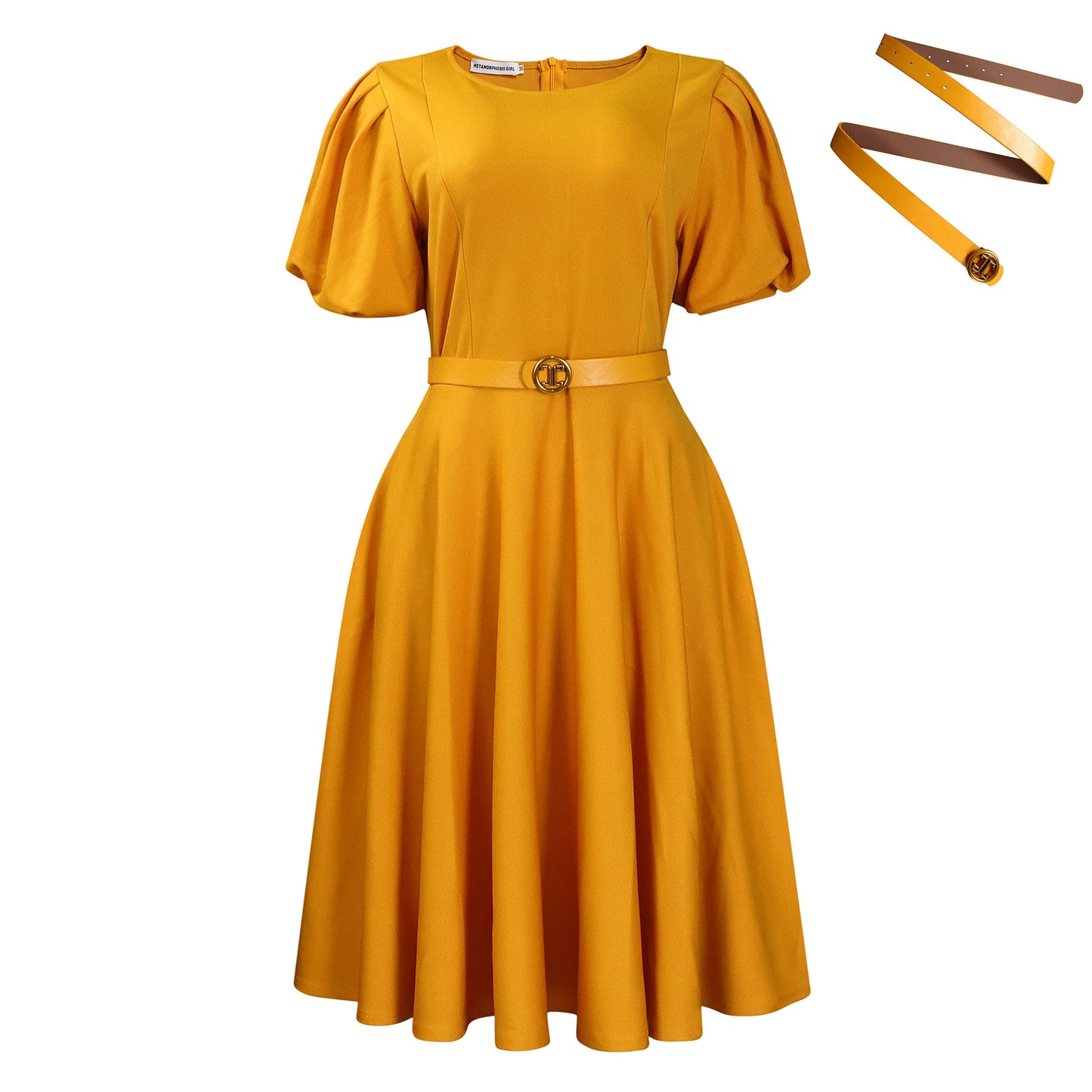 Puff Sleeve A-Line Dress with Matching Belt