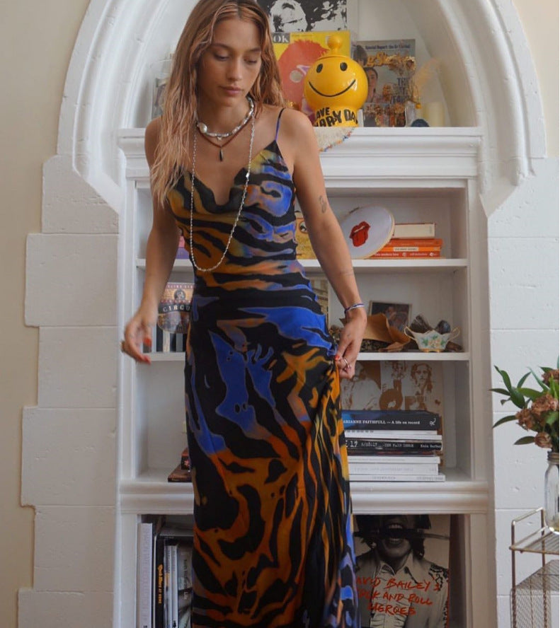 Printed backless halter-neck dress