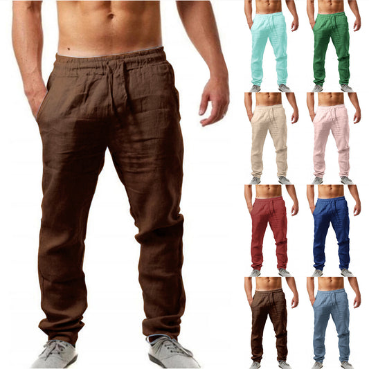 Mens Breathable Cotton Linen Casual Trousers