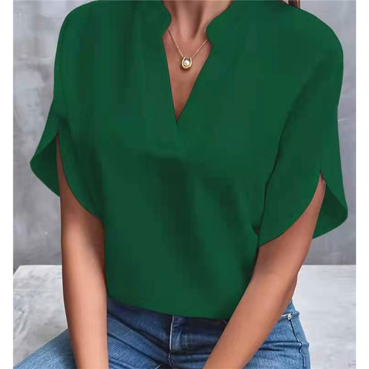 Womens Casual Solid Color V-Neck Loose Short Sleeve Blouse
