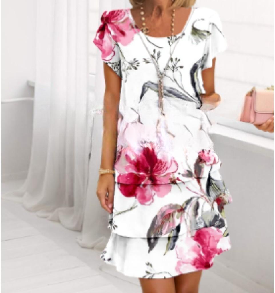 Short Sleeve 3D Printed Chiffon Dress