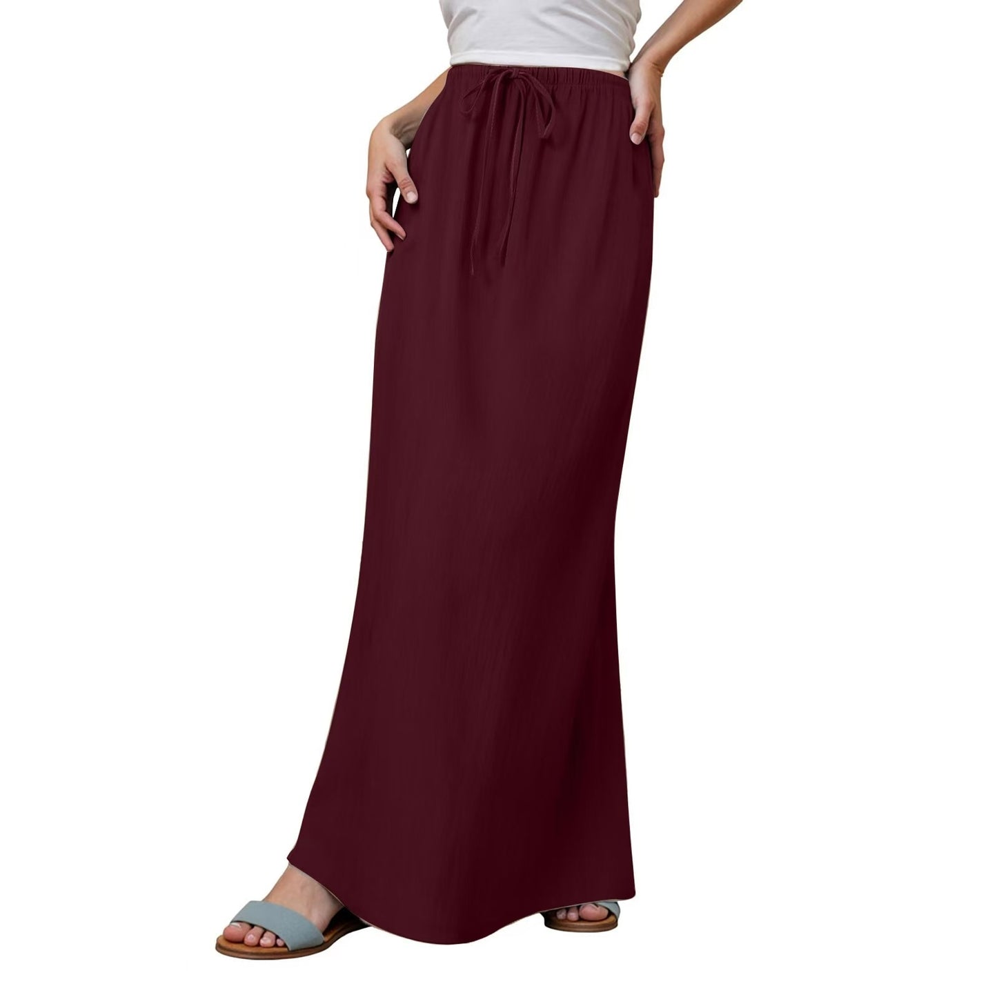 Women's solid-color drawstring elastic waist mid-length skirt