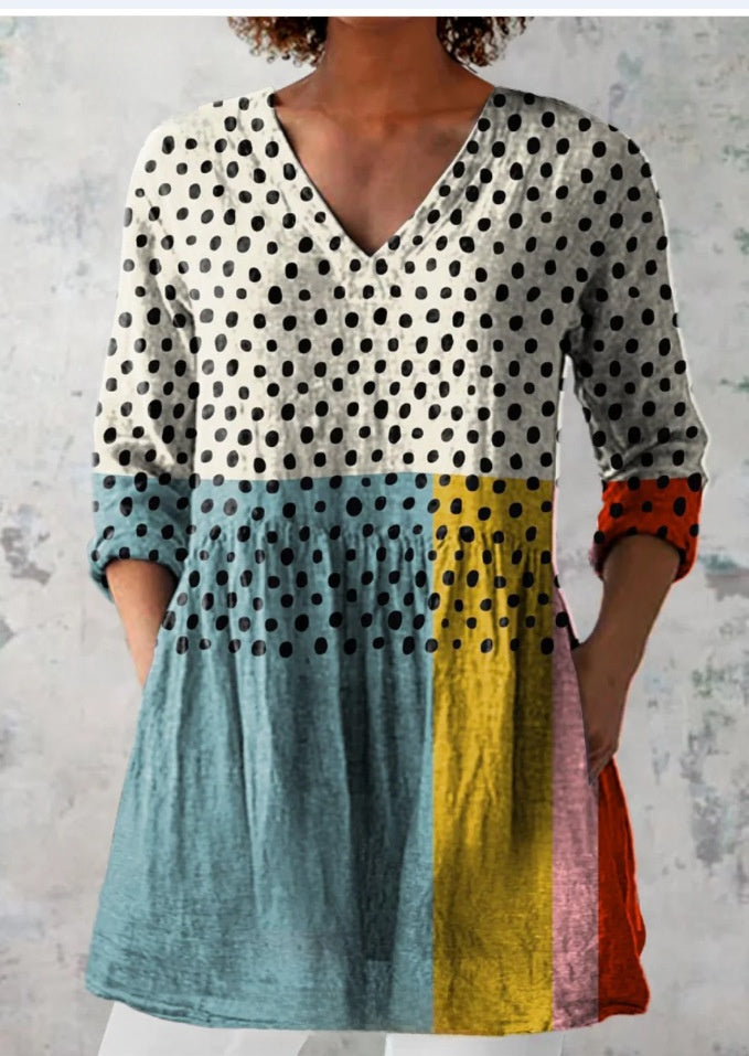 Womens Loose Digital Print V-Neck Short Sleeve T-Shirt