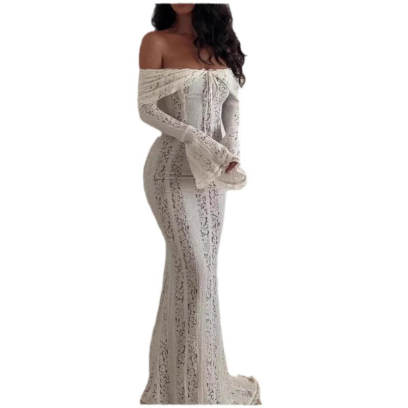 Fashionable and sexy one-shoulder cinched waist lace long dress