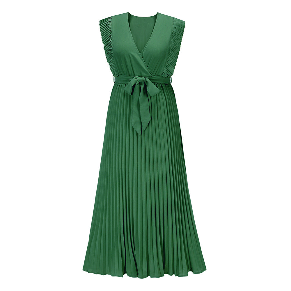 Elegant Beach Long Dress Fashion Slim Fit Sexy Lotus Sleeve Chiffon Pleated Dress Solid Color Dress